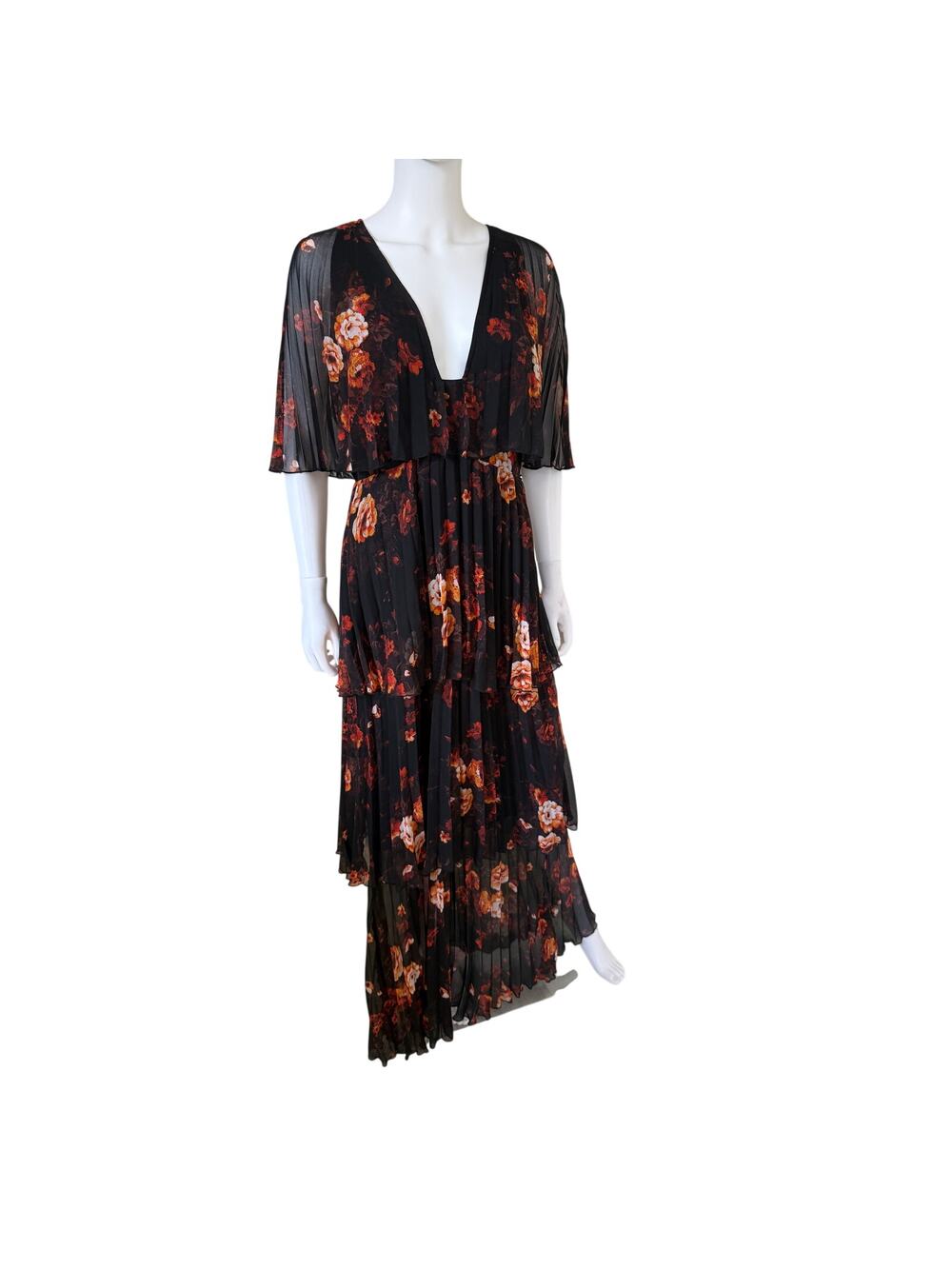 ASOS Floral Pleated Maxi Dress Black Sheer Cape Sleeve Open Back Tiered 8 NWT